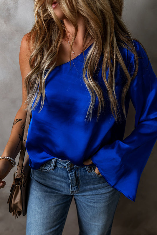 Dark Blue Asymmetric One Shoulder Bell Sleeve Satin Blouse Blouses & Shirts JT's Designer Fashion