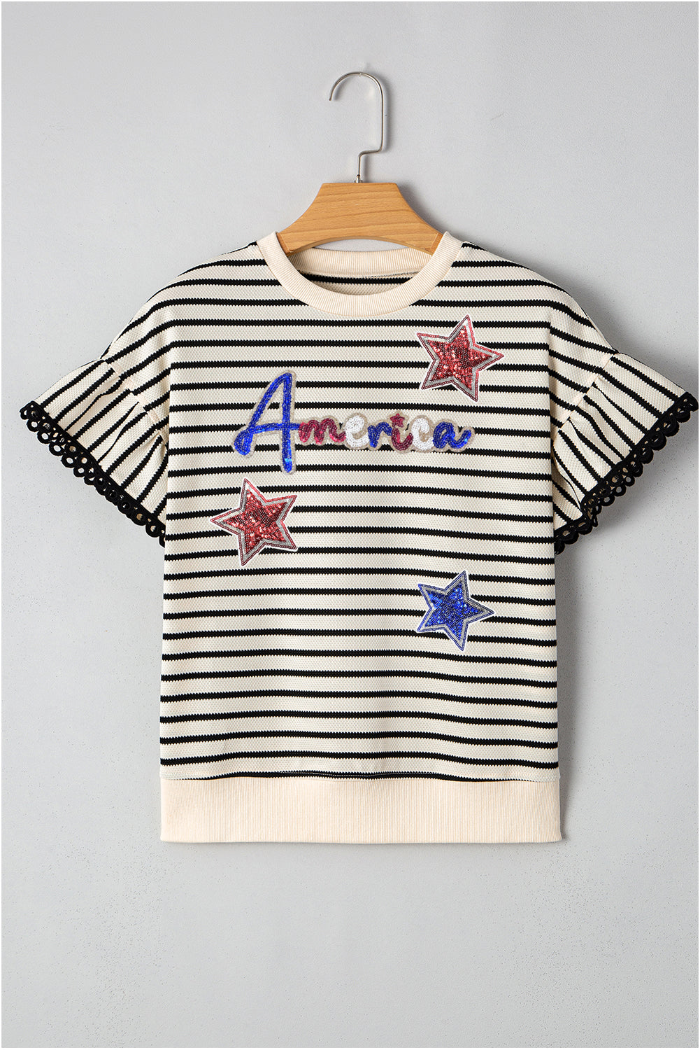 Black Stripe Sequin America Star Graphic Ric Rac Flutter Sleeve Blouse Blouses & Shirts JT's Designer Fashion
