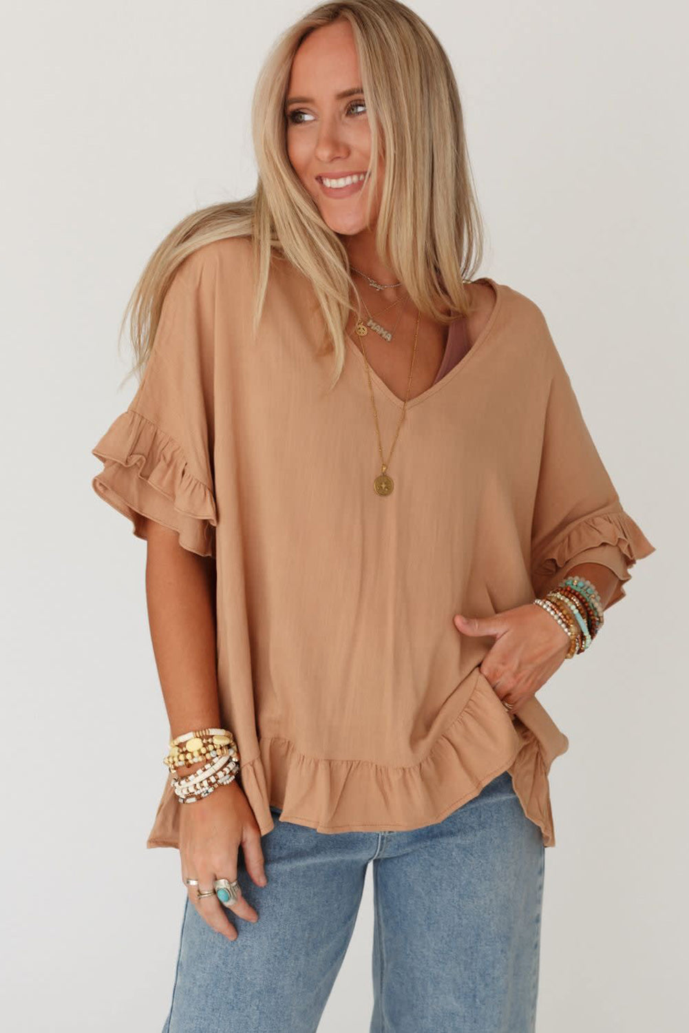 Light French Beige Solid Layered Ruffled Sleeve V Neck Blouse Tops & Tees JT's Designer Fashion