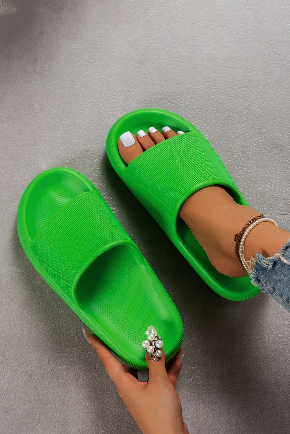 Bright Green Solid Non-slip Wide Band Thick Sole Slippers Slippers JT's Designer Fashion