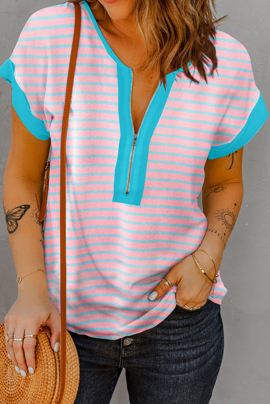 Pink Stripe Contrast Trim Half Zip Short Sleeve Top Tops & Tees JT's Designer Fashion