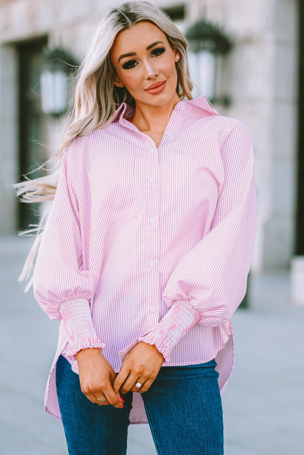 Pink Smocked Cuffed Striped Boyfriend Shirt with Pocket Blouses & Shirts JT's Designer Fashion