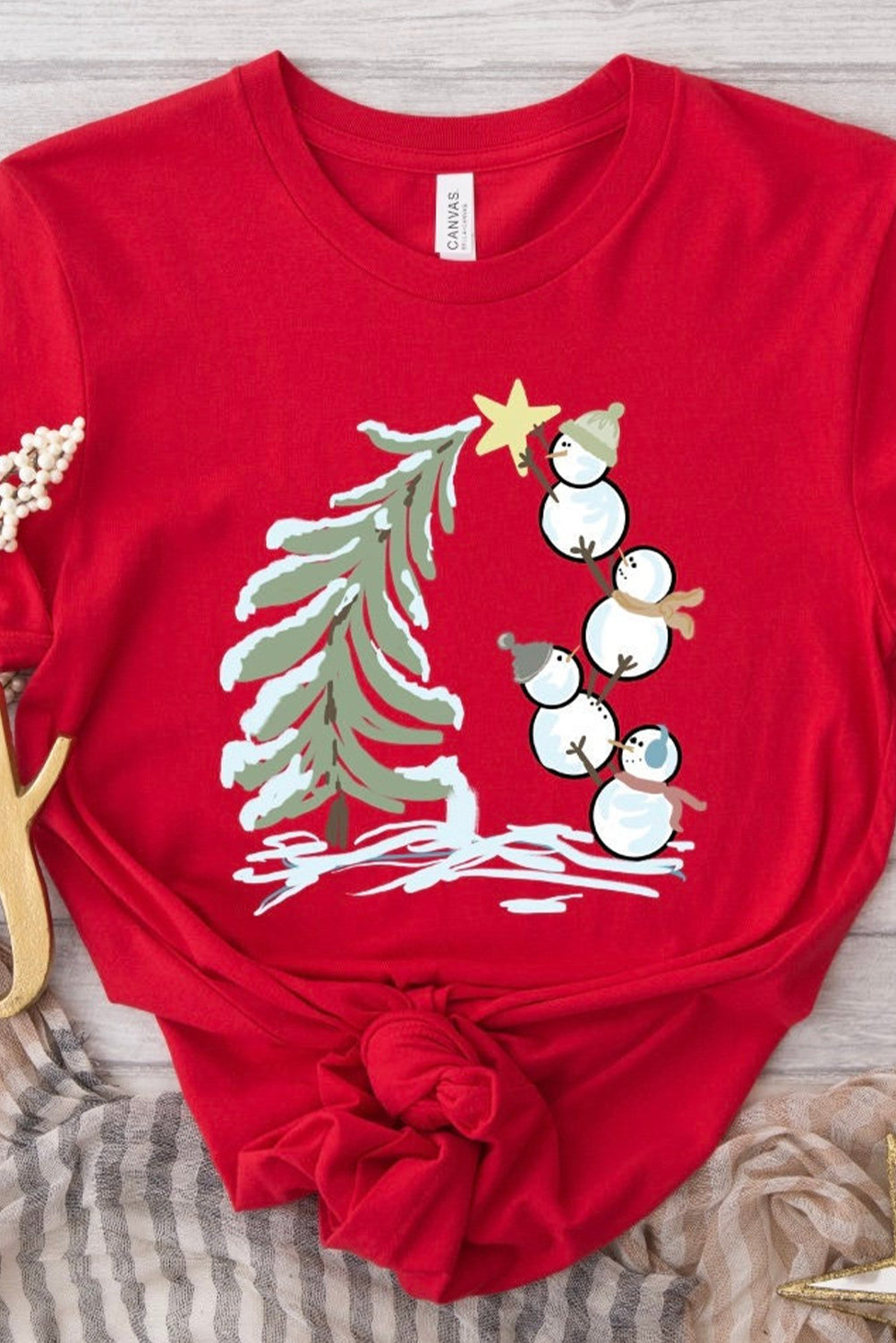 Red Christmas Tree Snowman Printed Crewneck T Shirt Graphic Tees JT's Designer Fashion