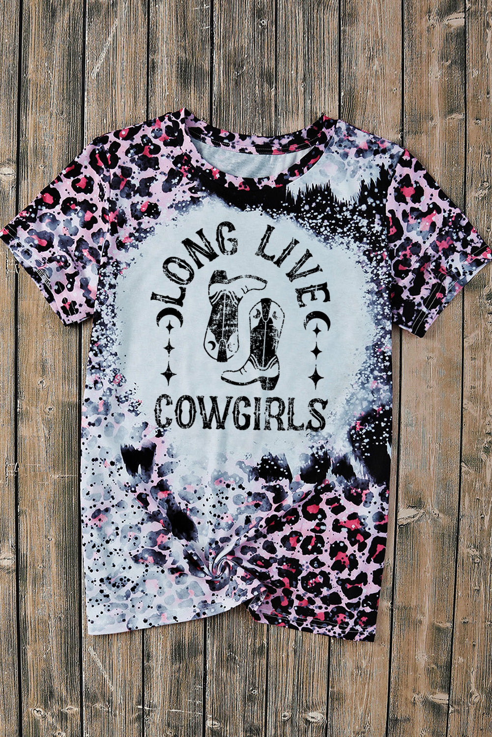 Pink Cowgirls Boots Leopard Bleached Crew Neck T Shirt Graphic Tees JT's Designer Fashion