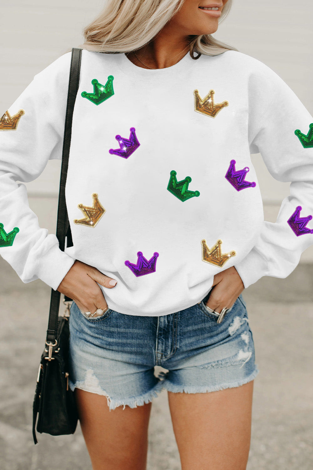 White Mardi Gras Crown Sequined Patch Crew Neck Sweatshirt Graphic Sweatshirts JT's Designer Fashion