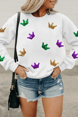 White Mardi Gras Crown Sequined Patch Crew Neck Sweatshirt Graphic Sweatshirts JT's Designer Fashion