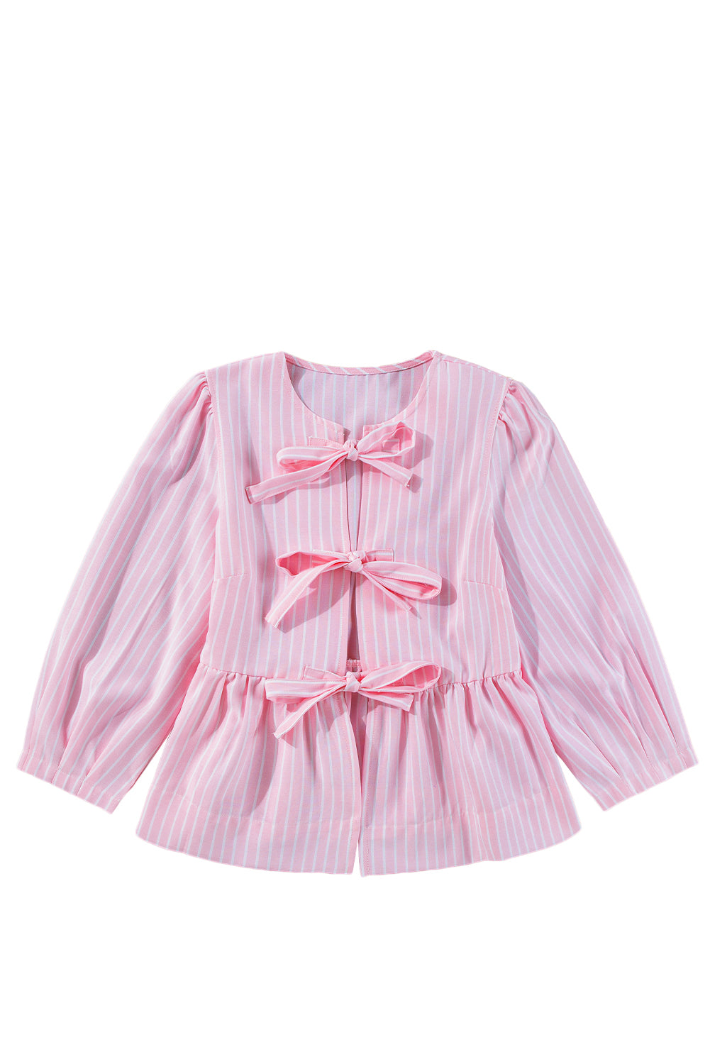 Pink Stripe Bowknot Front Crew Neck Puff Sleeve Blouse Blouses & Shirts JT's Designer Fashion