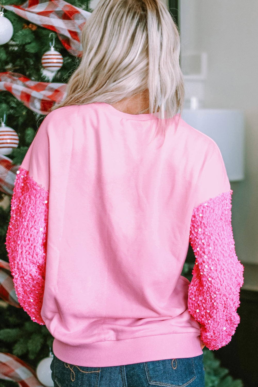 Pink Glitter Drinks Graphic Drops Shoulder Sequin Sleeve Top Graphic Sweatshirts JT's Designer Fashion