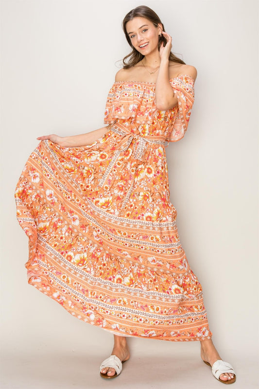 HYFVE Floral Off-Shoulder Tie Front Maxi Dress Apricot Maxi Dresses JT's Designer Fashion