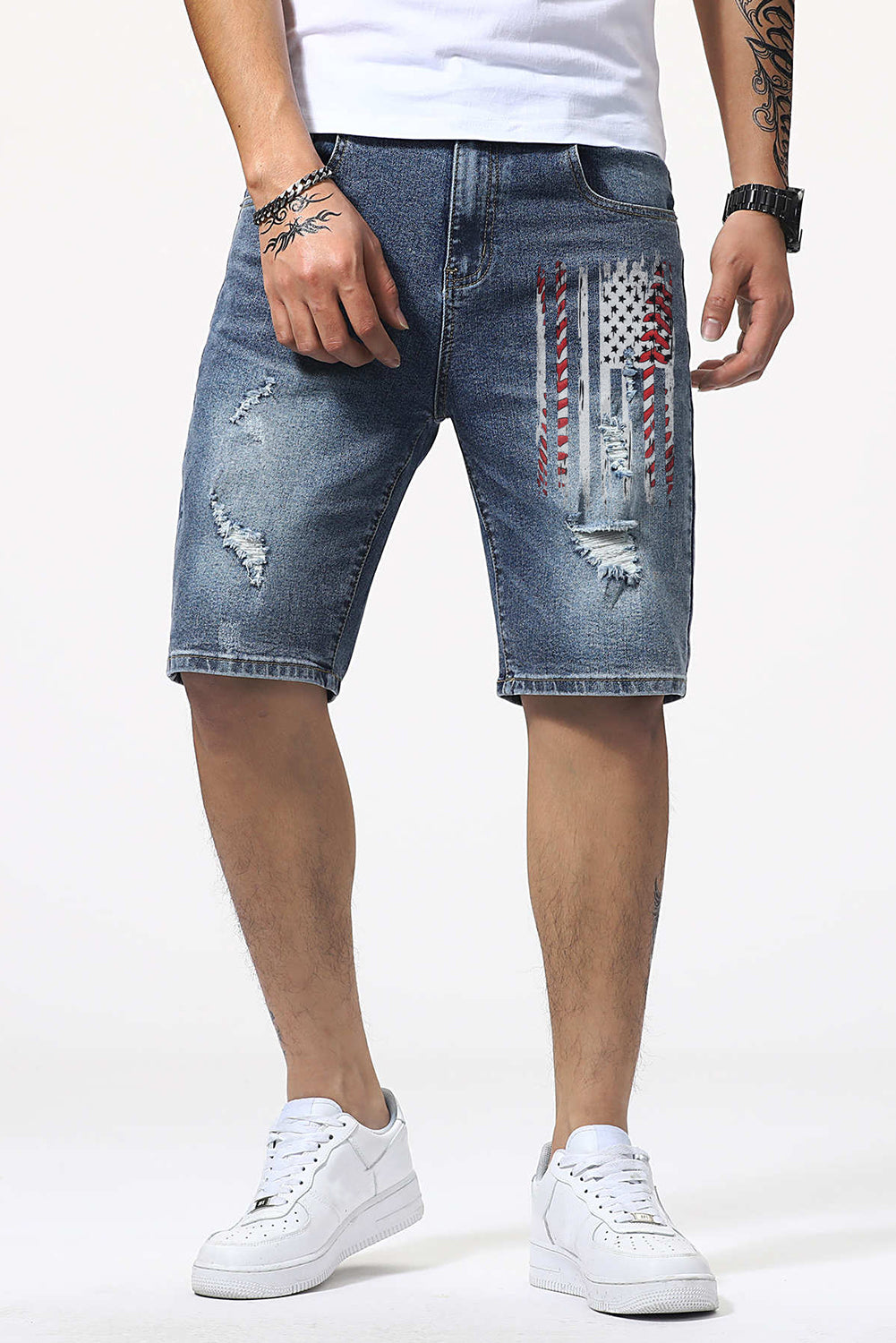 Blue American Flag Graphic Print Distressed Men's Denim Shorts Men's Pants JT's Designer Fashion