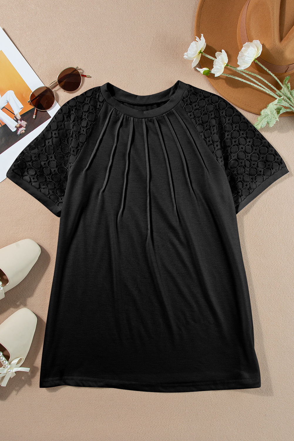 Black Seamed Detail Contrast Lace Raglan Sleeve Tee Pre Order Tops JT's Designer Fashion