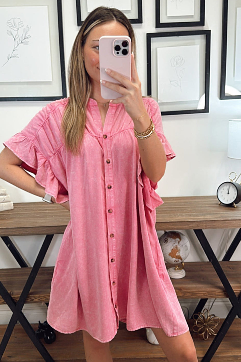 Pink Ruffled Short Sleeve Button Up Denim Mini Dress Dresses JT's Designer Fashion