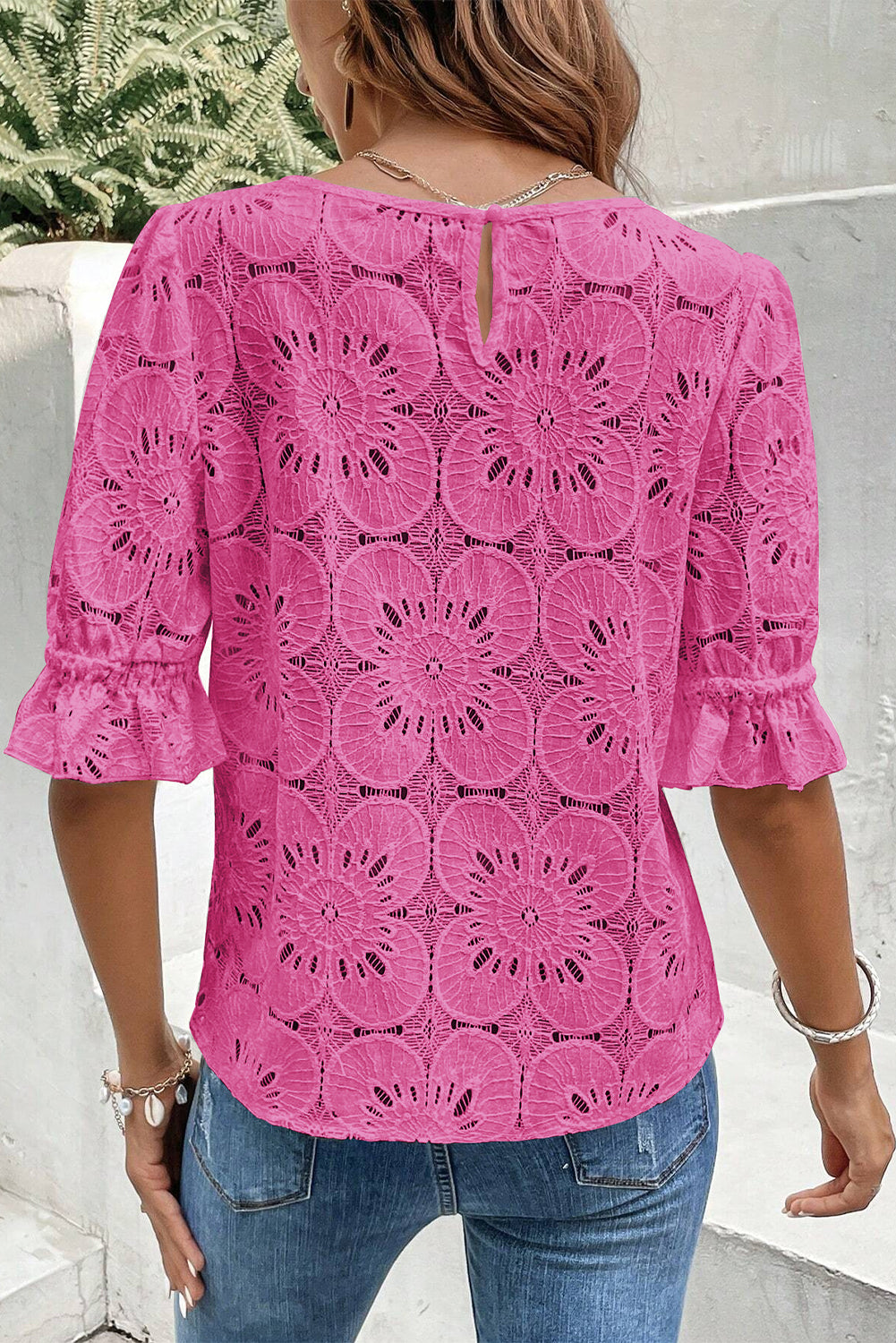 Bright Pink Flower Eyelet Jacquard Keyhole Flounce Sleeve Top Tops & Tees JT's Designer Fashion