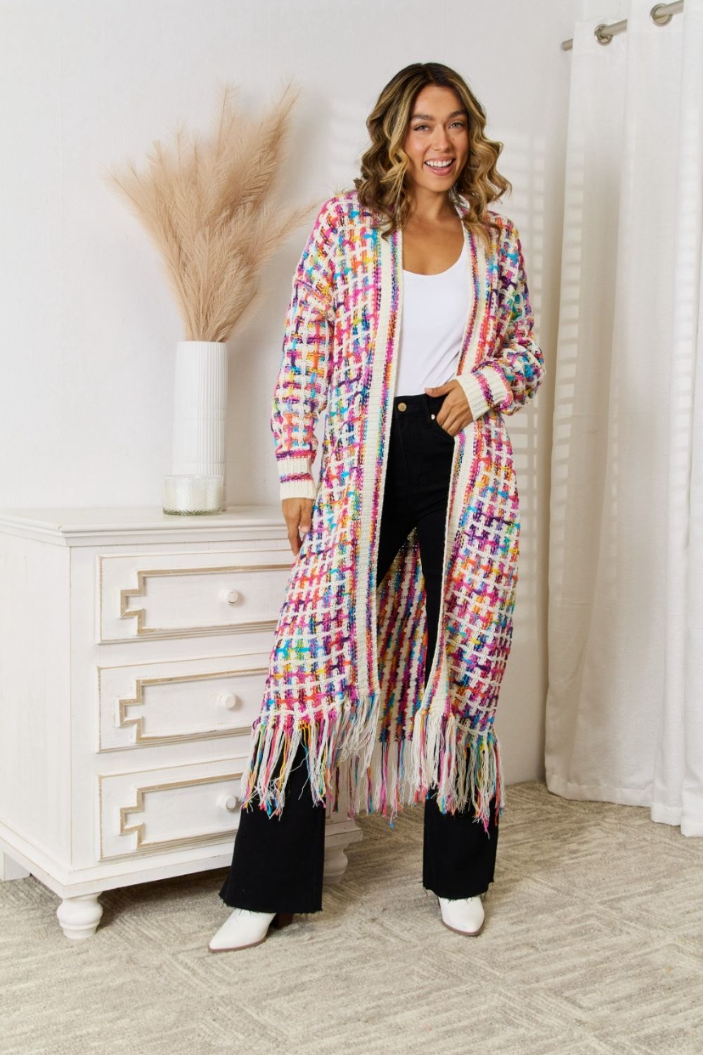 Multicolored Open Front Fringe Hem Cardigan Red White Sweaters & Cardigans JT's Designer Fashion