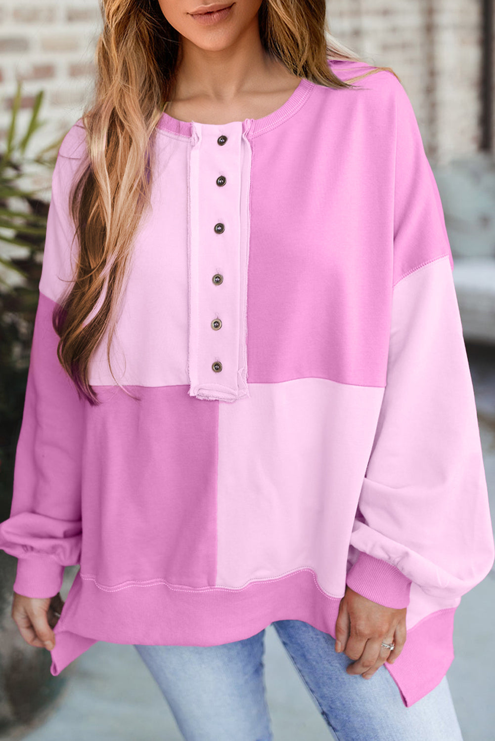 Pink Colorblock Henley High Low Oversize Sweatshirt Sweatshirts & Hoodies JT's Designer Fashion