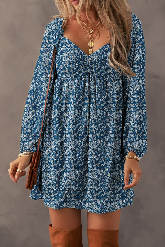 Blue Floral Print Sweetheart Neck Shirred Back Mini Dress Floral Dresses JT's Designer Fashion