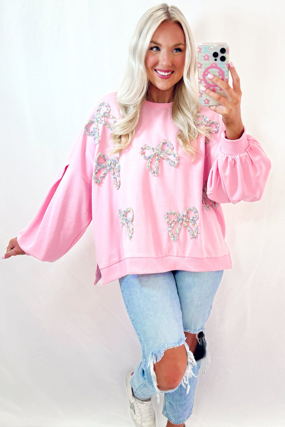 Light Pink Embroidered Bow Lantern Sleeve Oversized Pullover Sweatshirt Sweatshirts & Hoodies JT's Designer Fashion