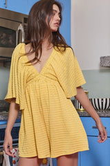 Banana Cream Textured V Neck Flutter Sleeve Open Back Romper Bottoms JT's Designer Fashion