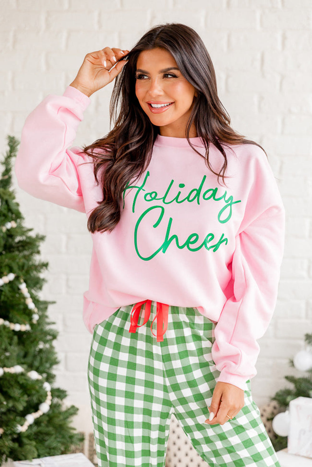 Pink Holiday Cheer Letter Graphic Christmas Slogan Sweatshirt Graphic Sweatshirts JT's Designer Fashion