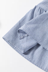 Sky Blue Stripe Bubble Sleeve Square Neck Ruched Pocketed Babydoll Dress Mini Dresses JT's Designer Fashion