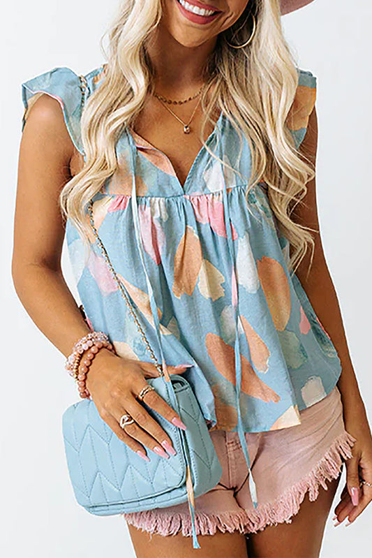Sky Blue Splotches Pattern Ruffled Cap Sleeve Shift Top Blouses & Shirts JT's Designer Fashion