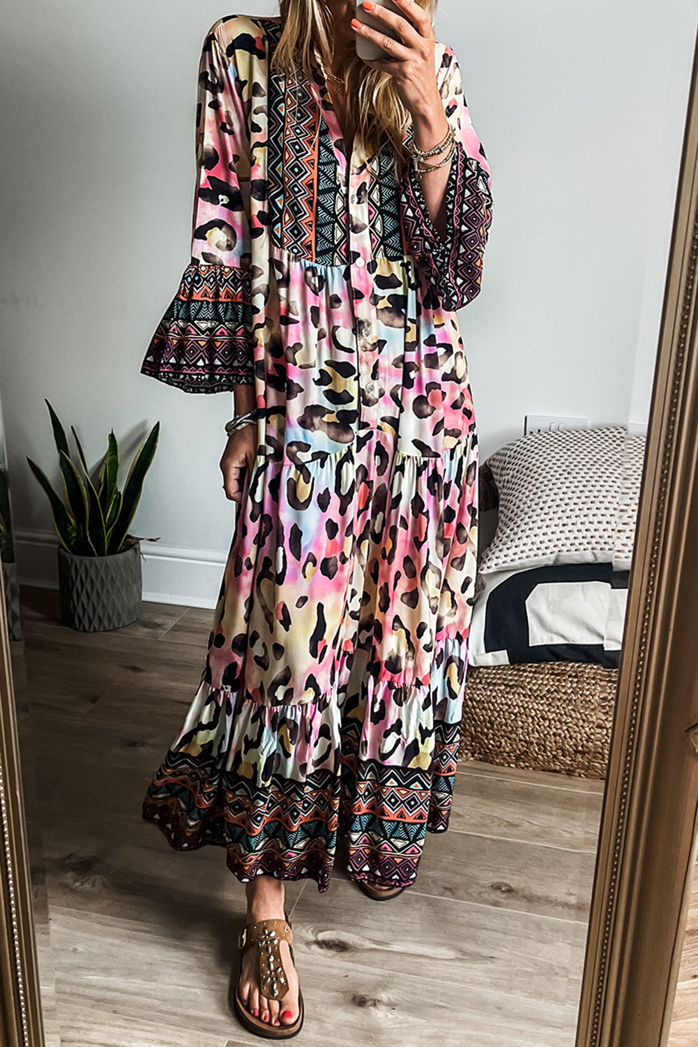 Pink Western Leopard Printed 3/4 Sleeve Buttoned Front Tiered Maxi Dress Pink 100%Polyester Maxi Dresses JT's Designer Fashion