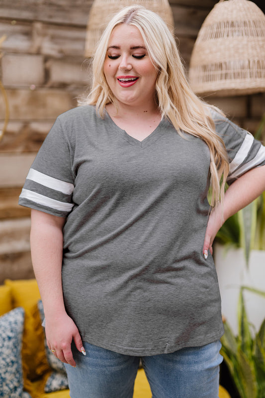 Gray Plus Size Stripes Stitching Sleeve V Neck T-shirt Plus Size JT's Designer Fashion