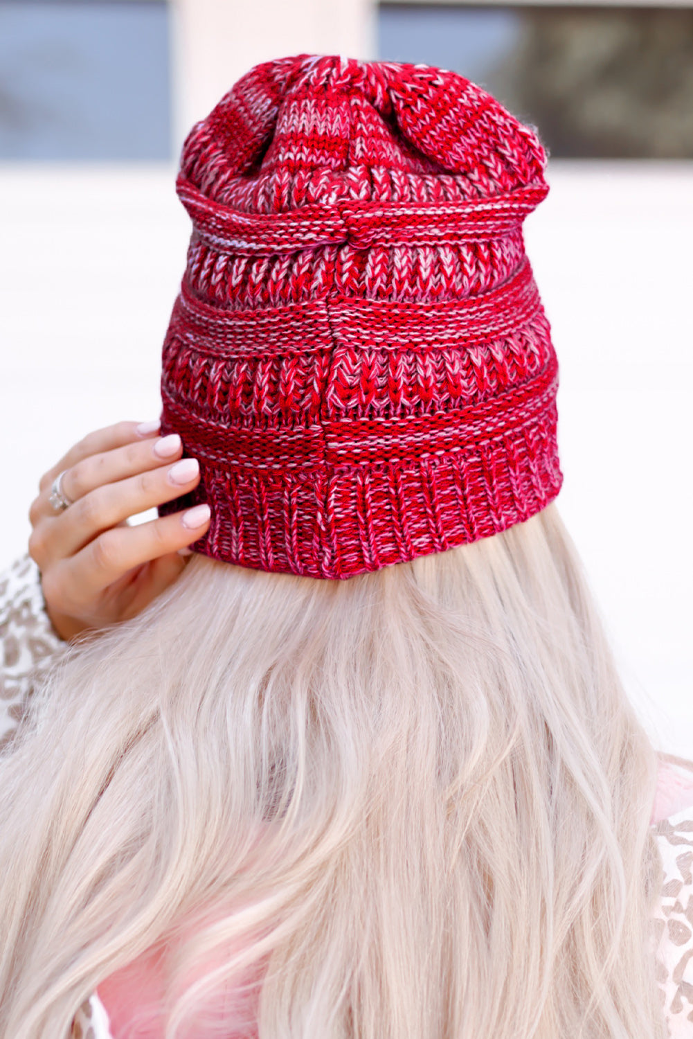 Rose Chunky Marled Knit Ponytail Beanie Hats & Caps JT's Designer Fashion