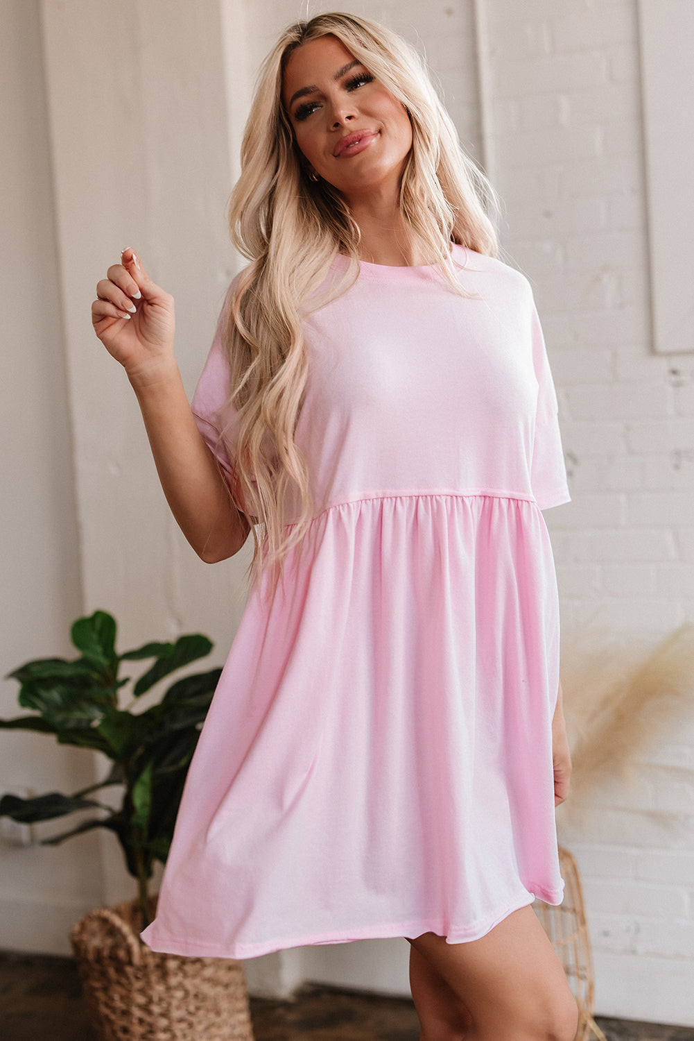 Light Pink Solid Color Pocketed Raw Edge Babydoll Dress Mini Dresses JT's Designer Fashion