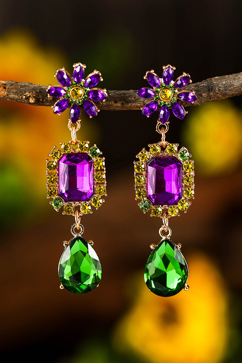 Purple Mardi Gras Diamond Flower Geometric Dangle Earrings Jewelry JT's Designer Fashion