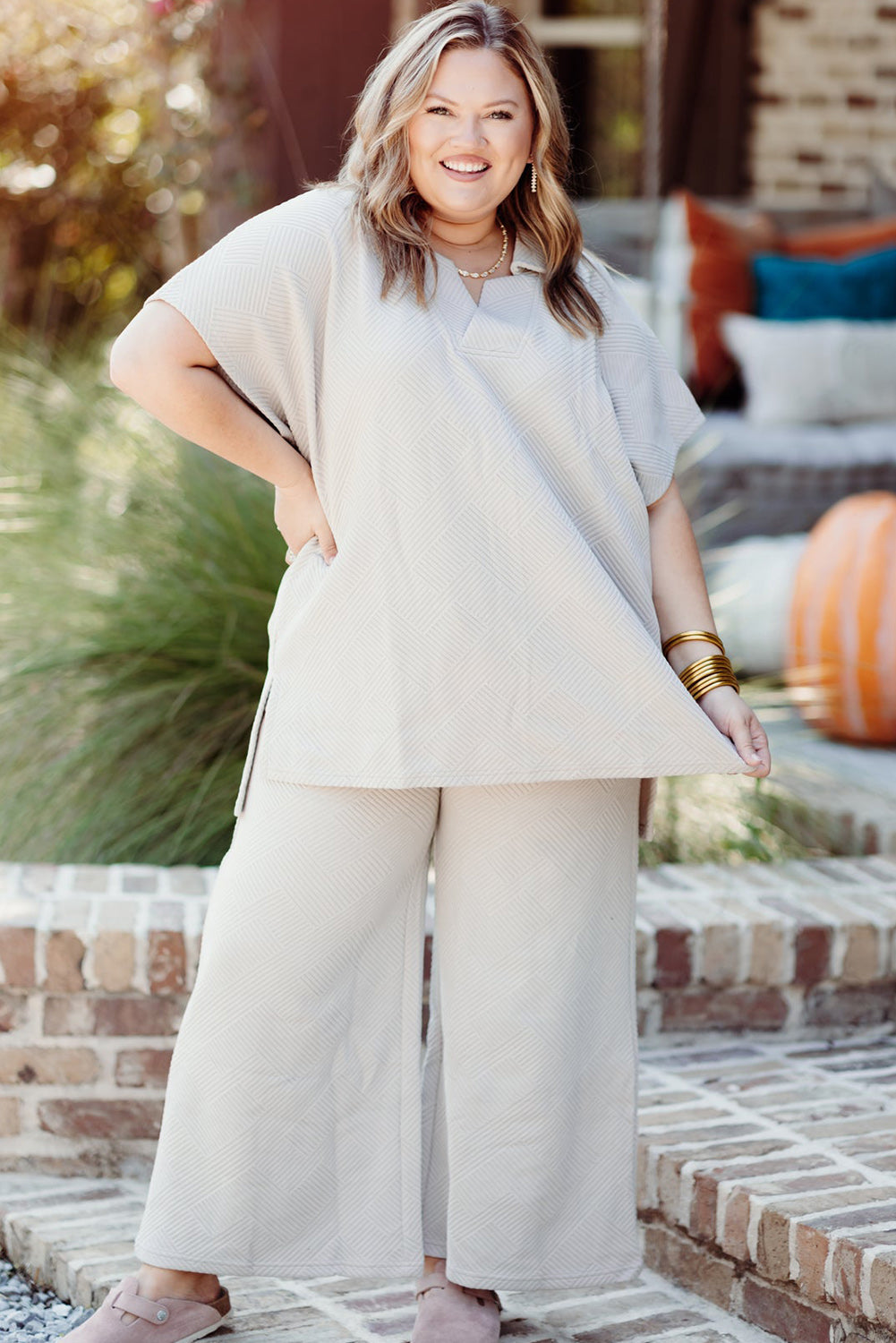 Beige Plus Size Textured Collared Top and Pants Set Plus Size JT's Designer Fashion