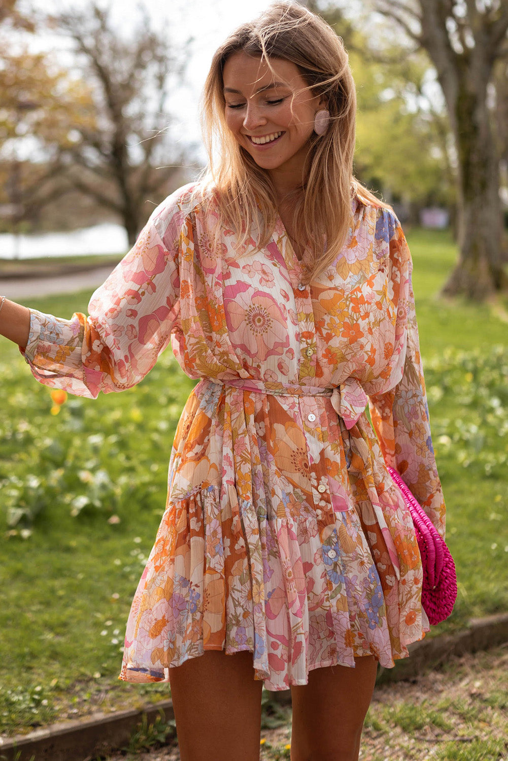 Yellow Ruffled Buttoned Knotted High Waist Floral Mini Dress Floral Dresses JT's Designer Fashion