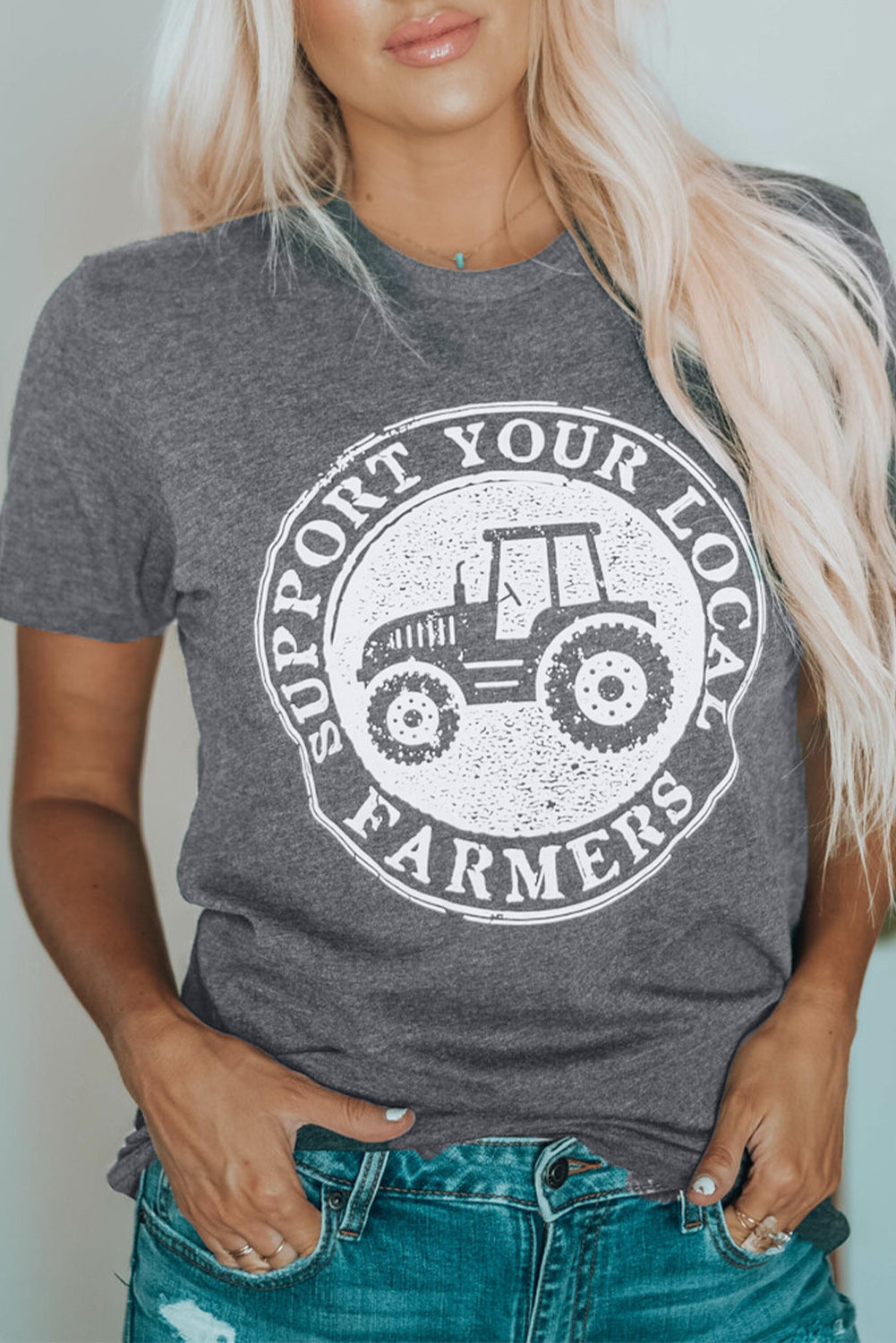 Gray SUPPORT YOUR LOCAL FARMERS Graphic Tee Gray 95%Polyester+5%Spandex Graphic Tees JT's Designer Fashion