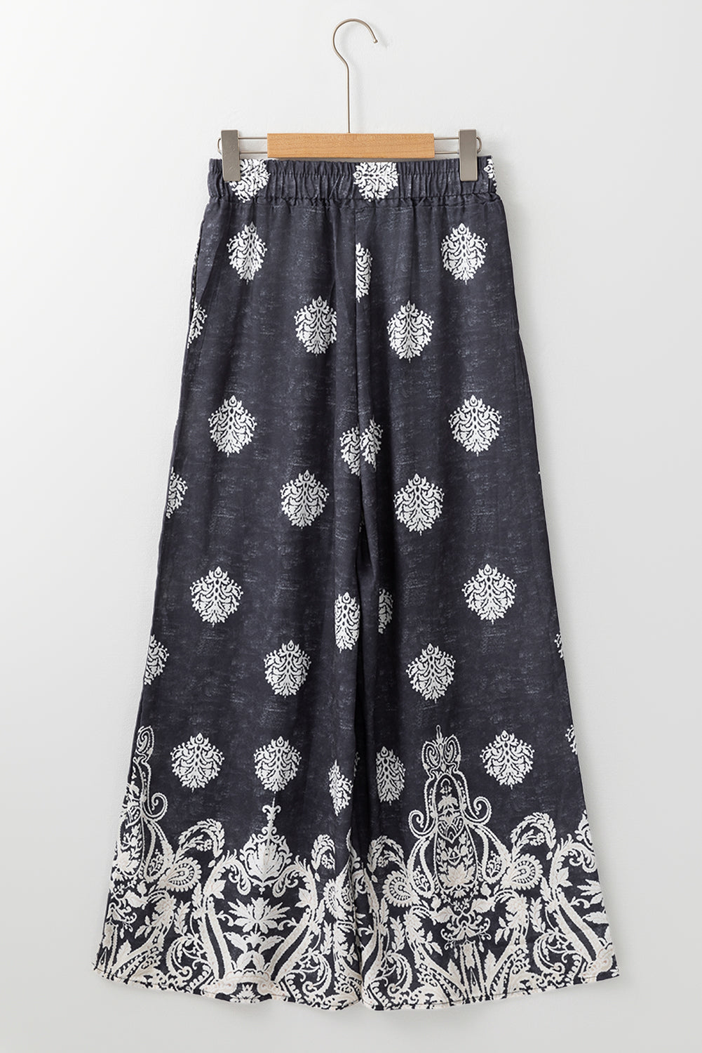 Black Bohemian Printed Drawstring Waist Wide Leg Pants Pants & Culotte JT's Designer Fashion