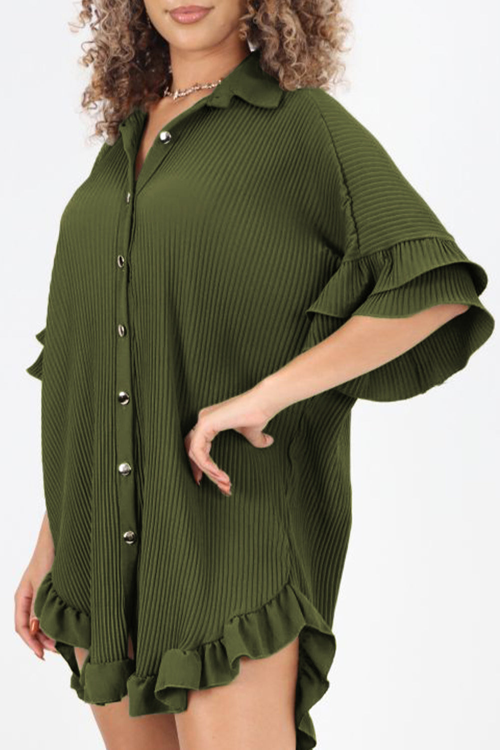 Moss Green High-low Hem Ruffle Sleeve Pleated Shirt Dress Mini Dresses JT's Designer Fashion