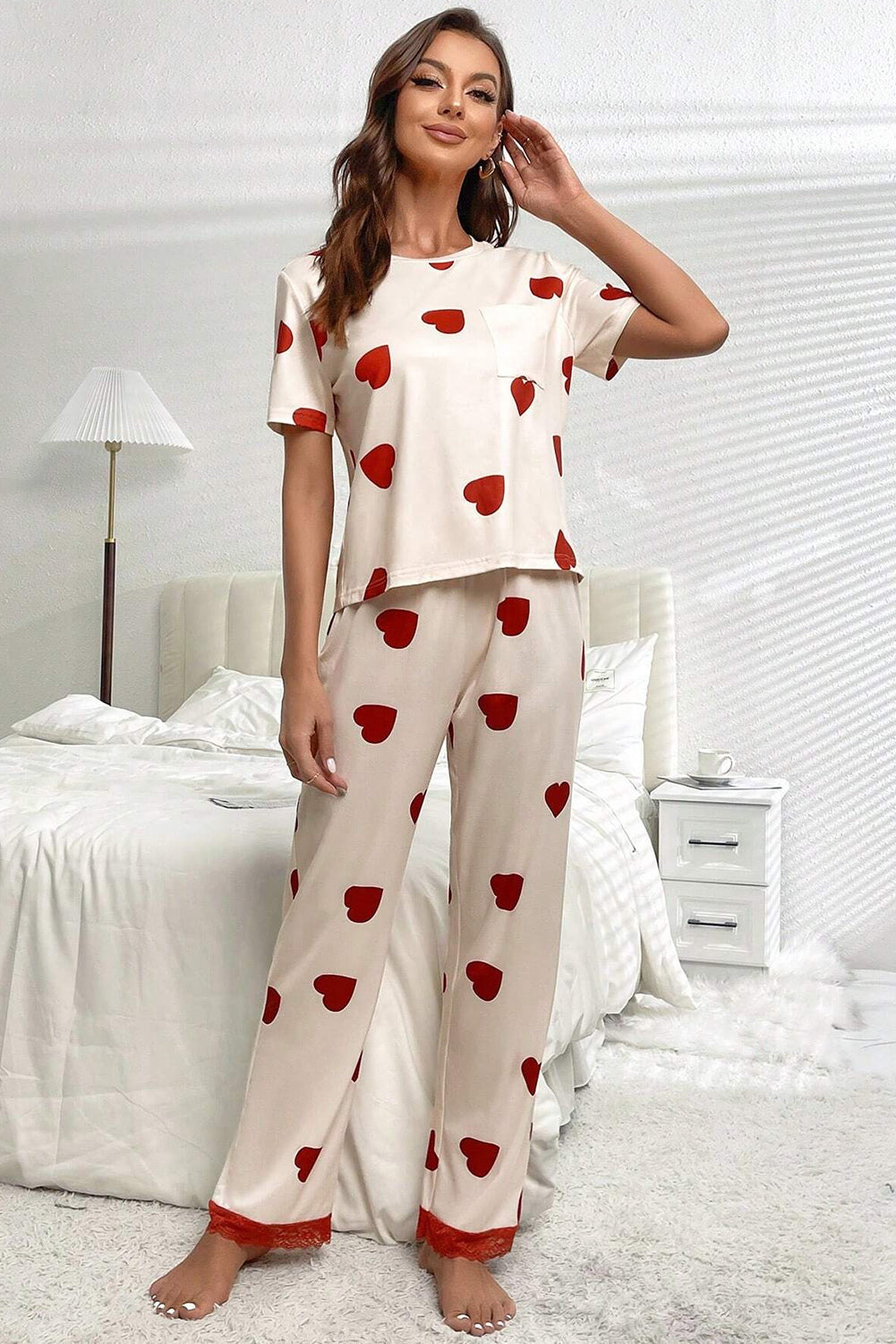 White Heart Print Lace Hem Pajama Set Loungewear JT's Designer Fashion