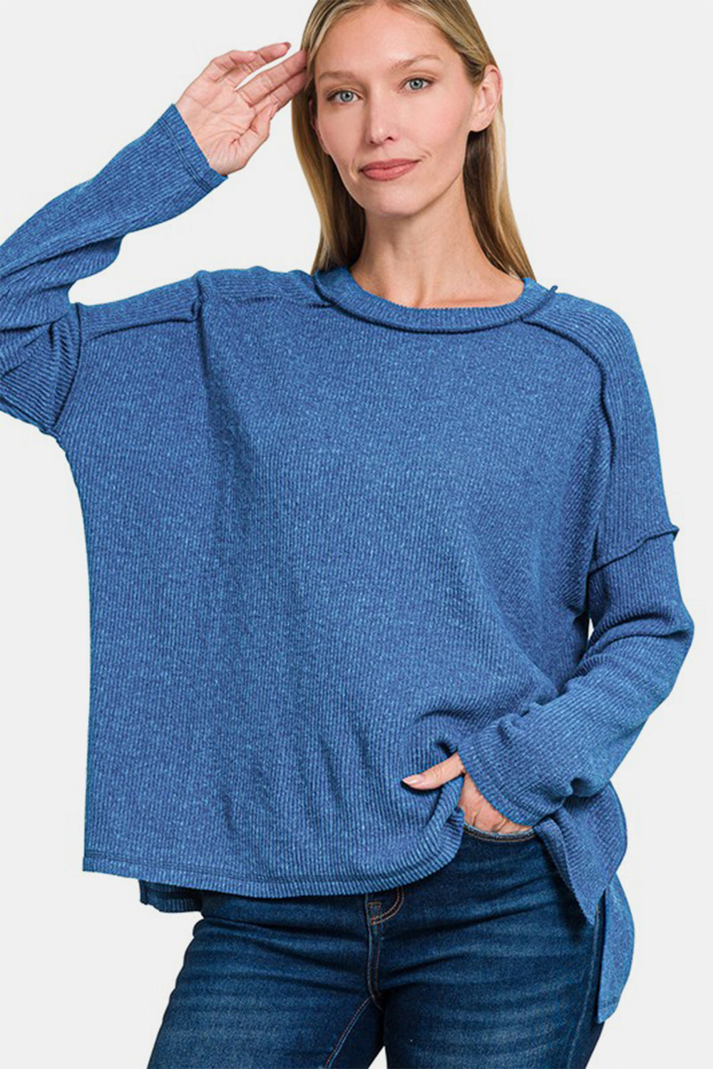 Full Size Exposed Seam Brushed Round Neck Sweater Navy Long Sleeve Tops JT's Designer Fashion