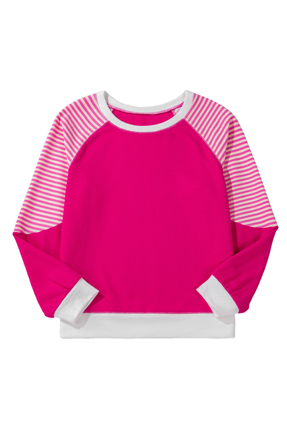 Strawberry Pink Striped Patchwork Crew Neck Raglan Sleeve Top Long Sleeve Tops JT's Designer Fashion