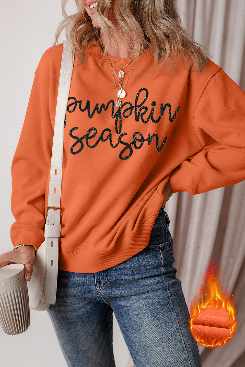 Russet Orange Glittering Pumpkin Season Graphic Drop Shoulder Pullover Sweatshirt Graphic Sweatshirts JT's Designer Fashion