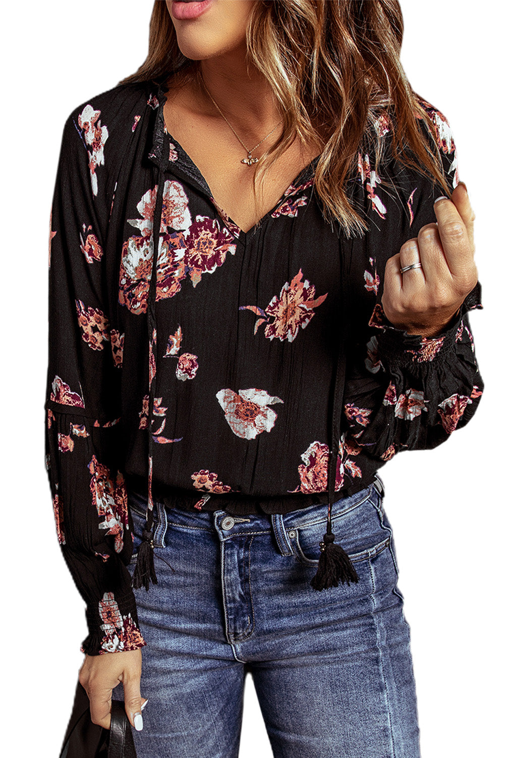 Black Floral Print V Neck Puffy Sleeve Blouse Blouses & Shirts JT's Designer Fashion