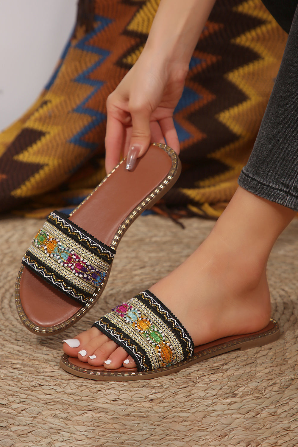 Chestnut Bohemian Pattern Crochet Faux Leather Beach Slippers Slippers JT's Designer Fashion