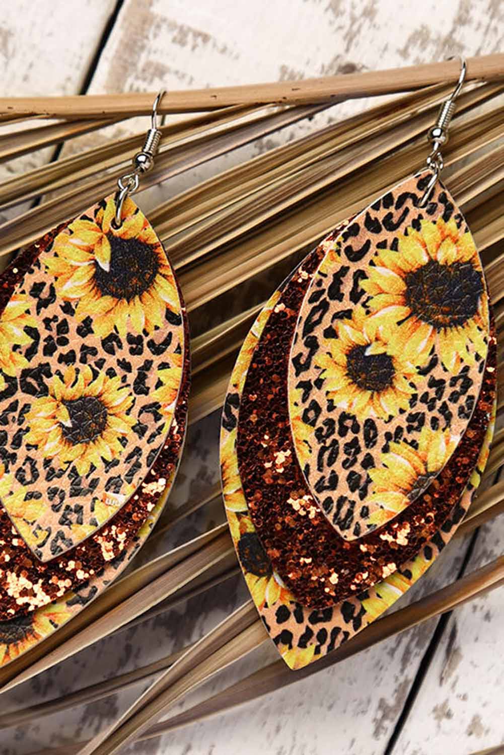 Leopard Sunflower Golden Sequined Leaf Multi-Layered Leather Earrings Jewelry JT's Designer Fashion