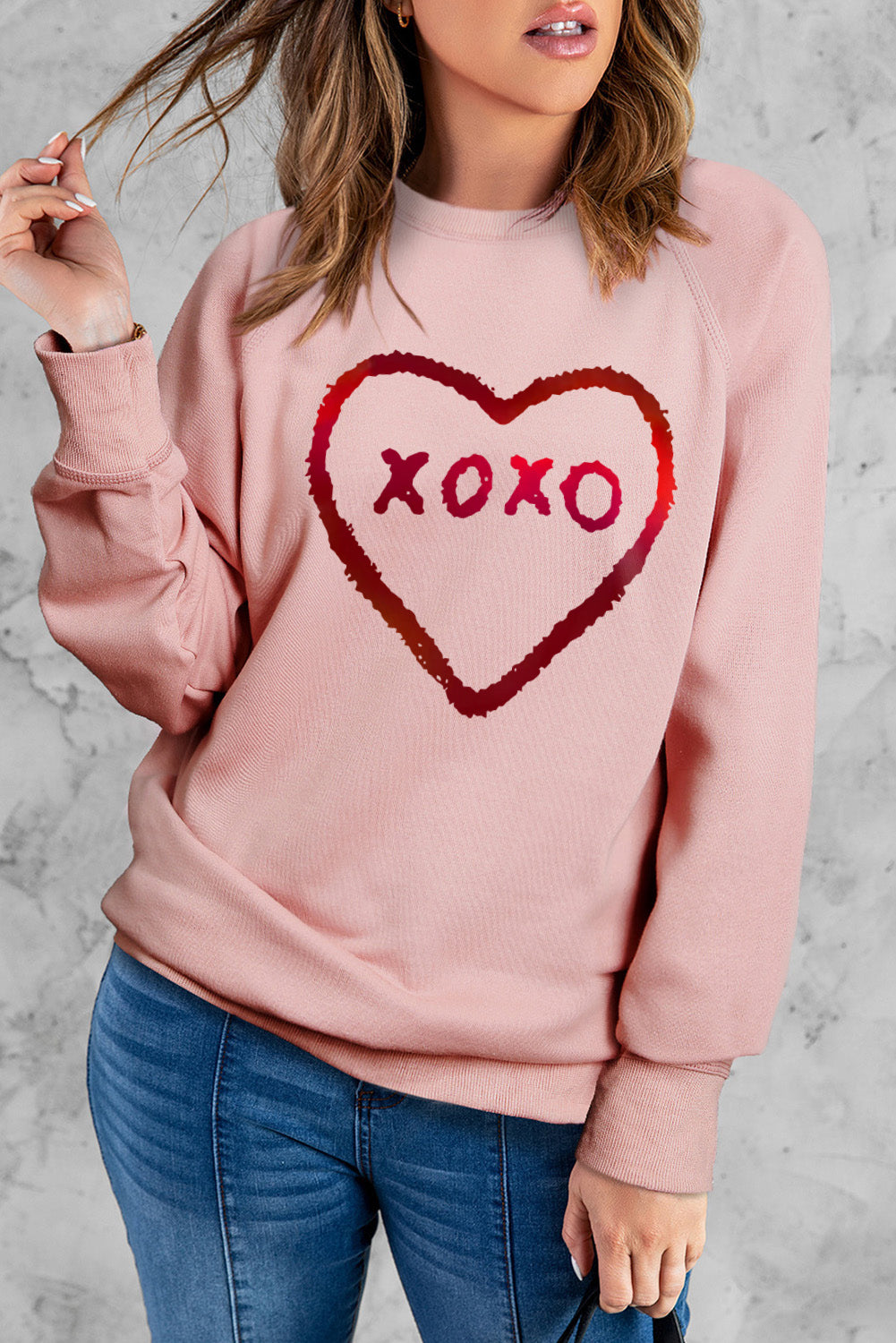 Pink XOXO Heart Shaped Glitter Print Long Sleeve Sweatshirt Graphic Sweatshirts JT's Designer Fashion