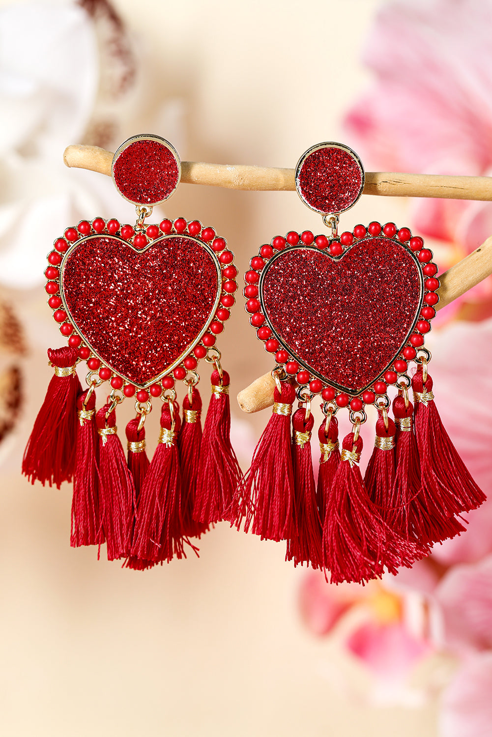 Racing Red Heart Shape Tasseled Dangle Earrings Jewelry JT's Designer Fashion