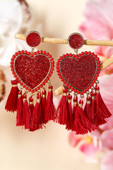 Racing Red Heart Shape Tasseled Dangle Earrings Jewelry JT's Designer Fashion