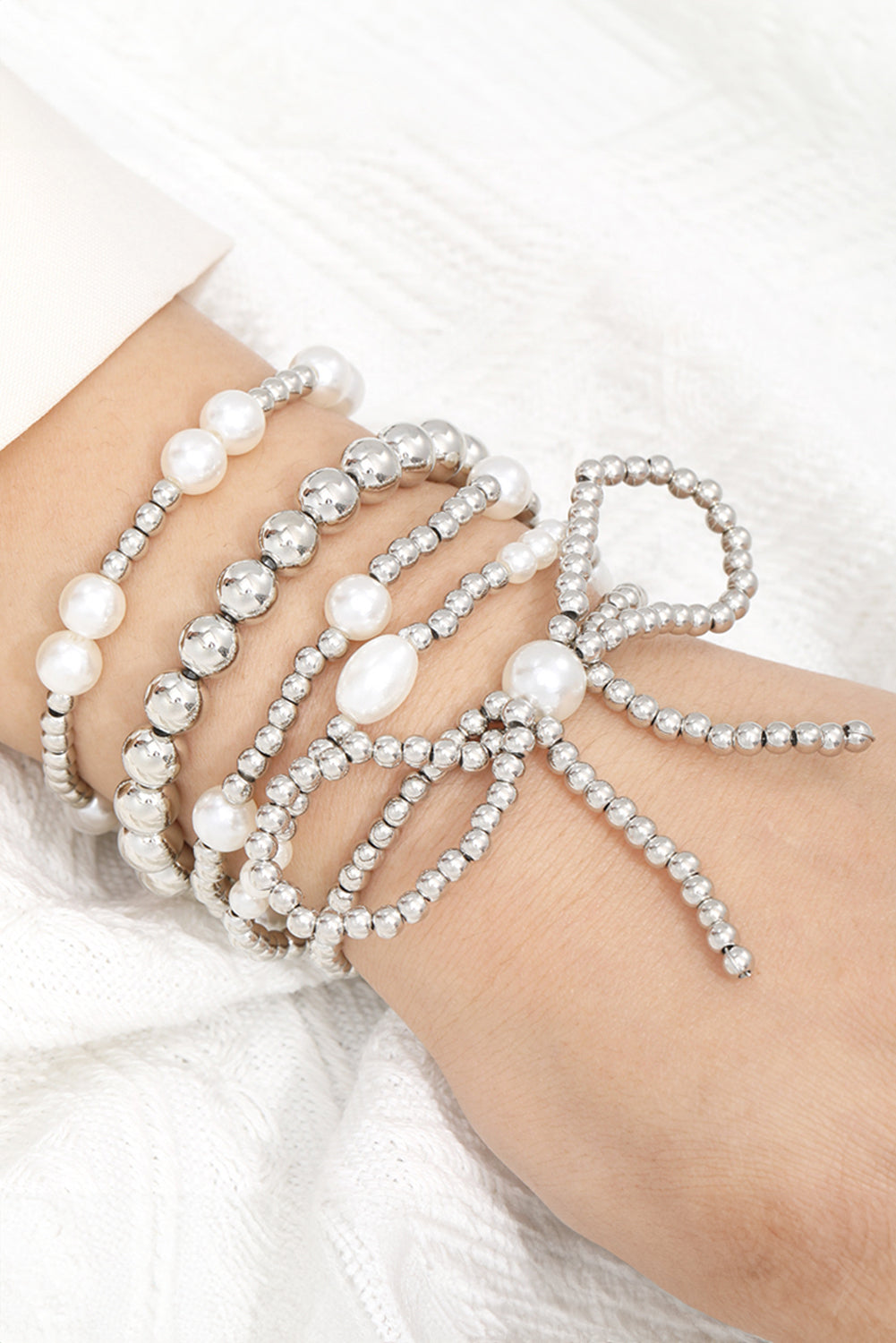 Silvery Bow Knot Pearl Beaded Multi Layered Bracelet Set Jewelry JT's Designer Fashion