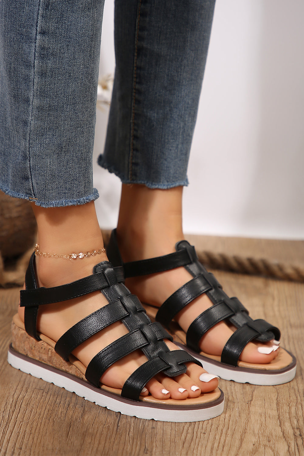 Black Hollowed Leather Straps Wedge Sandals Sandals JT's Designer Fashion