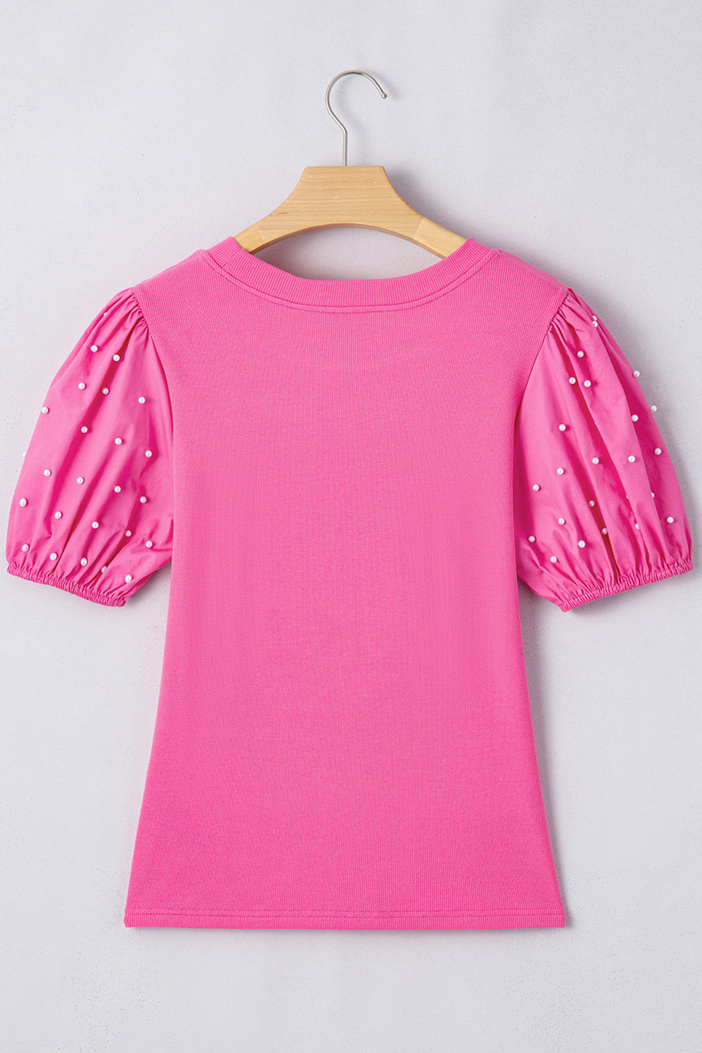 Bright Pink Ribbed Pearl Beaded Puff Sleeve Top Blouses & Shirts JT's Designer Fashion