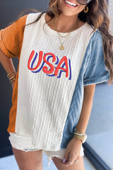 Light Blue USA Embroidered Cable Textured Knit Cuffed Sleeve Colorblock Tee Graphic Tees JT's Designer Fashion
