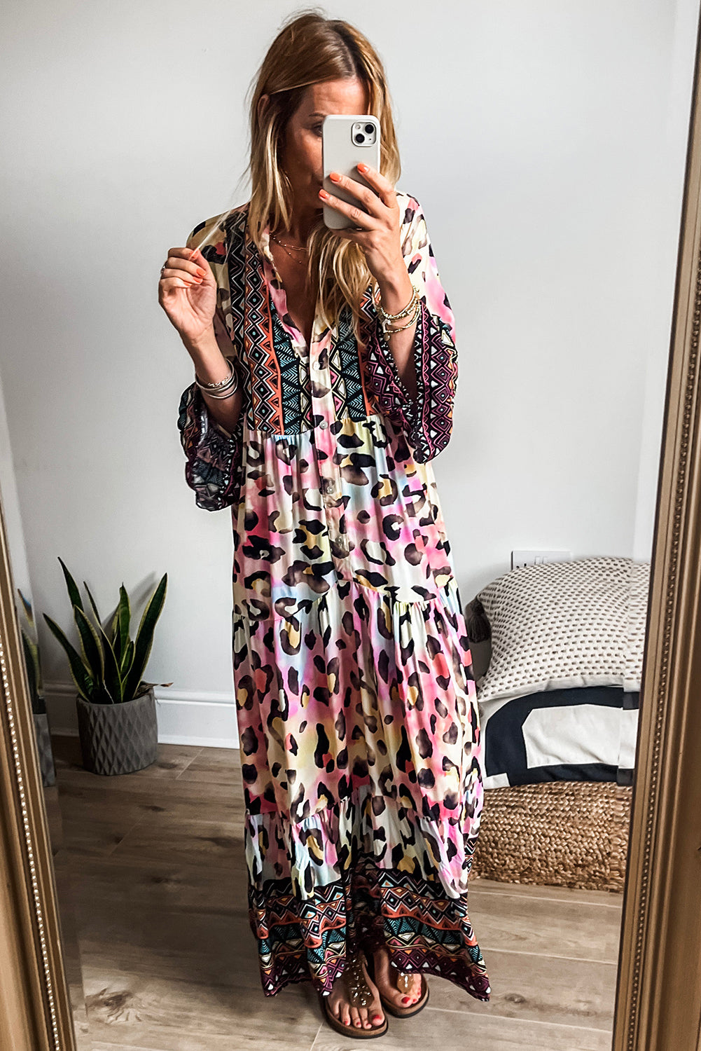 Pink Western Leopard Printed 3/4 Sleeve Buttoned Front Tiered Maxi Dress Maxi Dresses JT's Designer Fashion